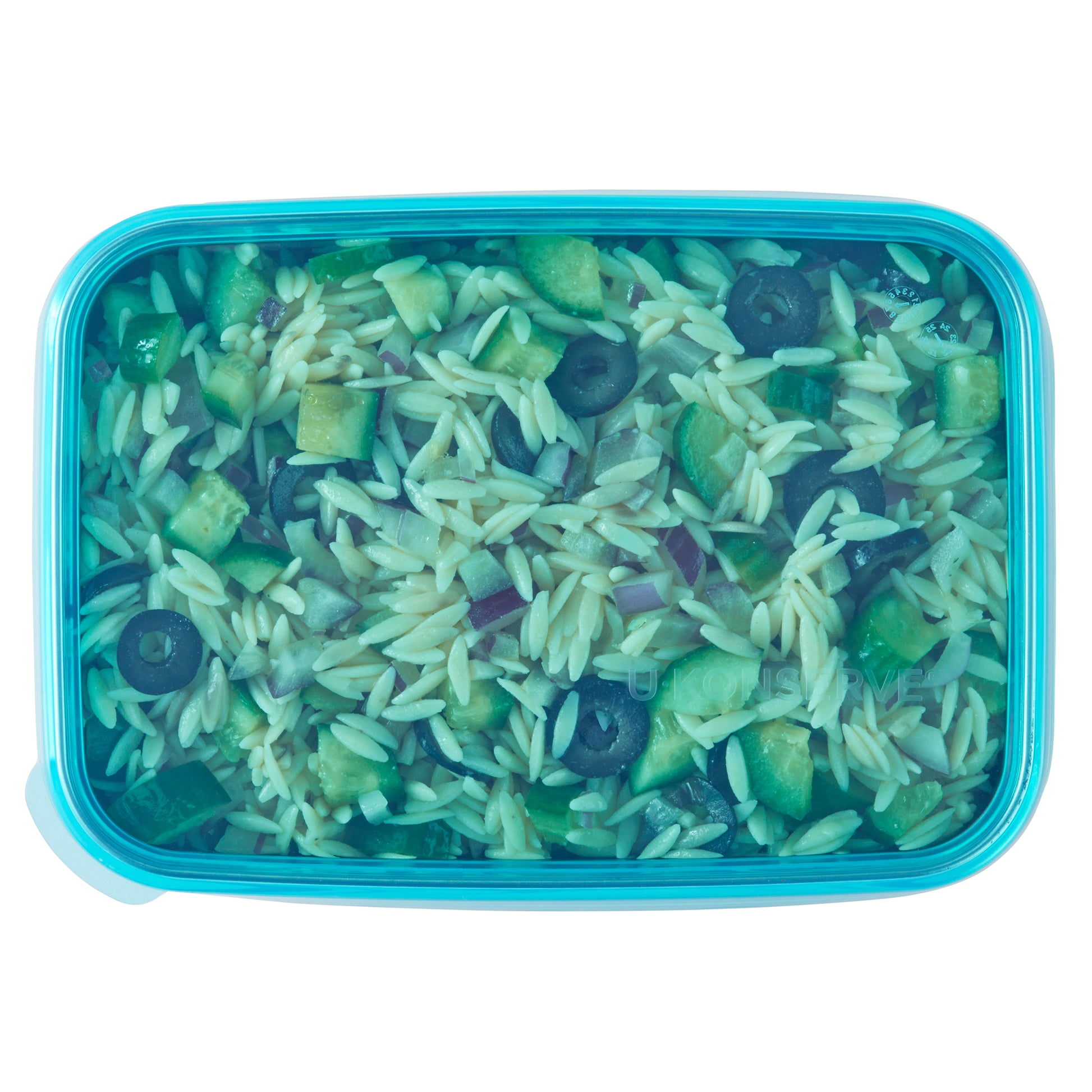 island teal 45oz rectangle lid with orzo salad inside