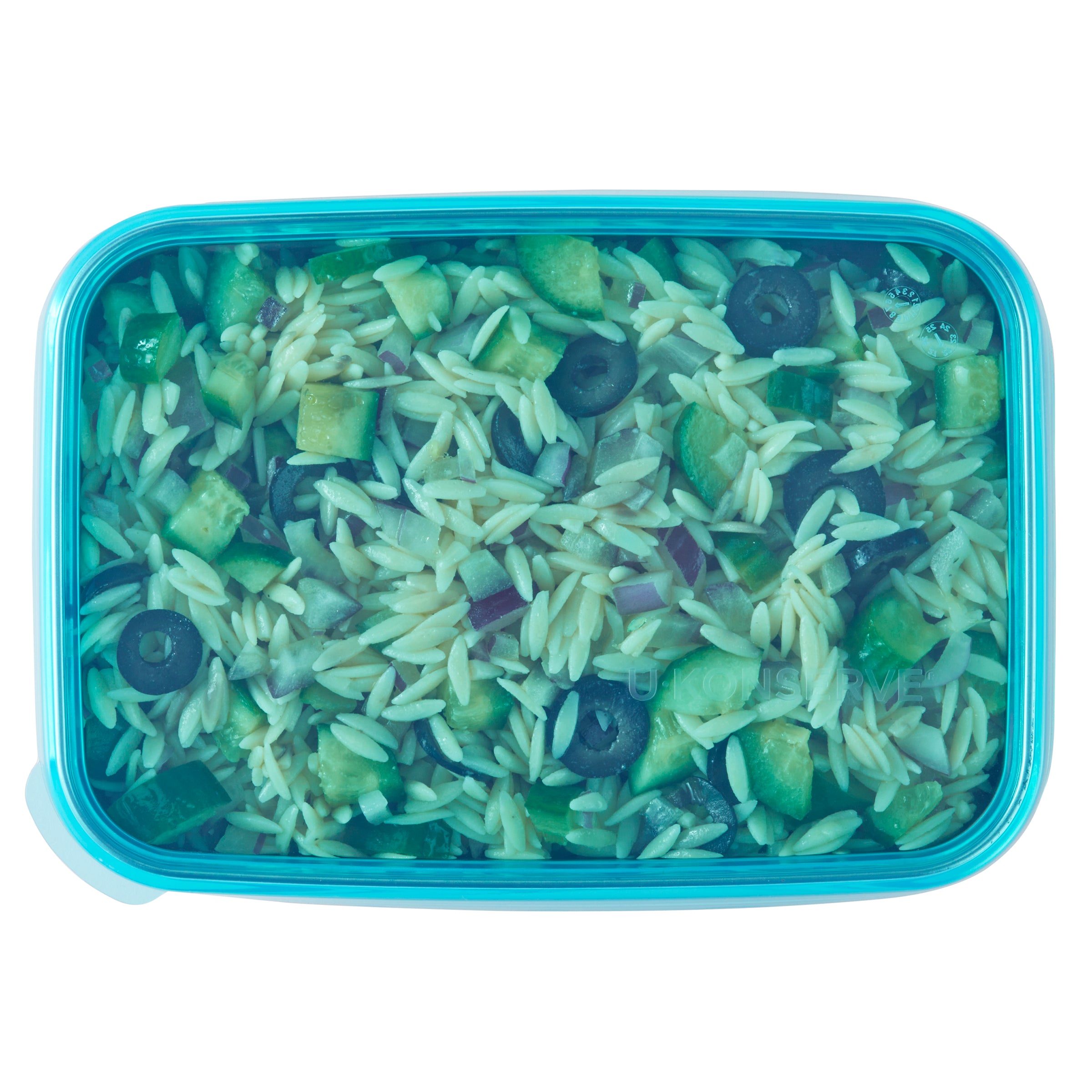 island teal 45oz rectangle lid with orzo salad inside