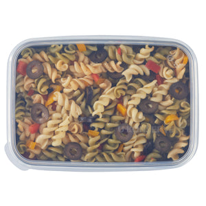 clear 45oz rectangle lid with pasta salad inside